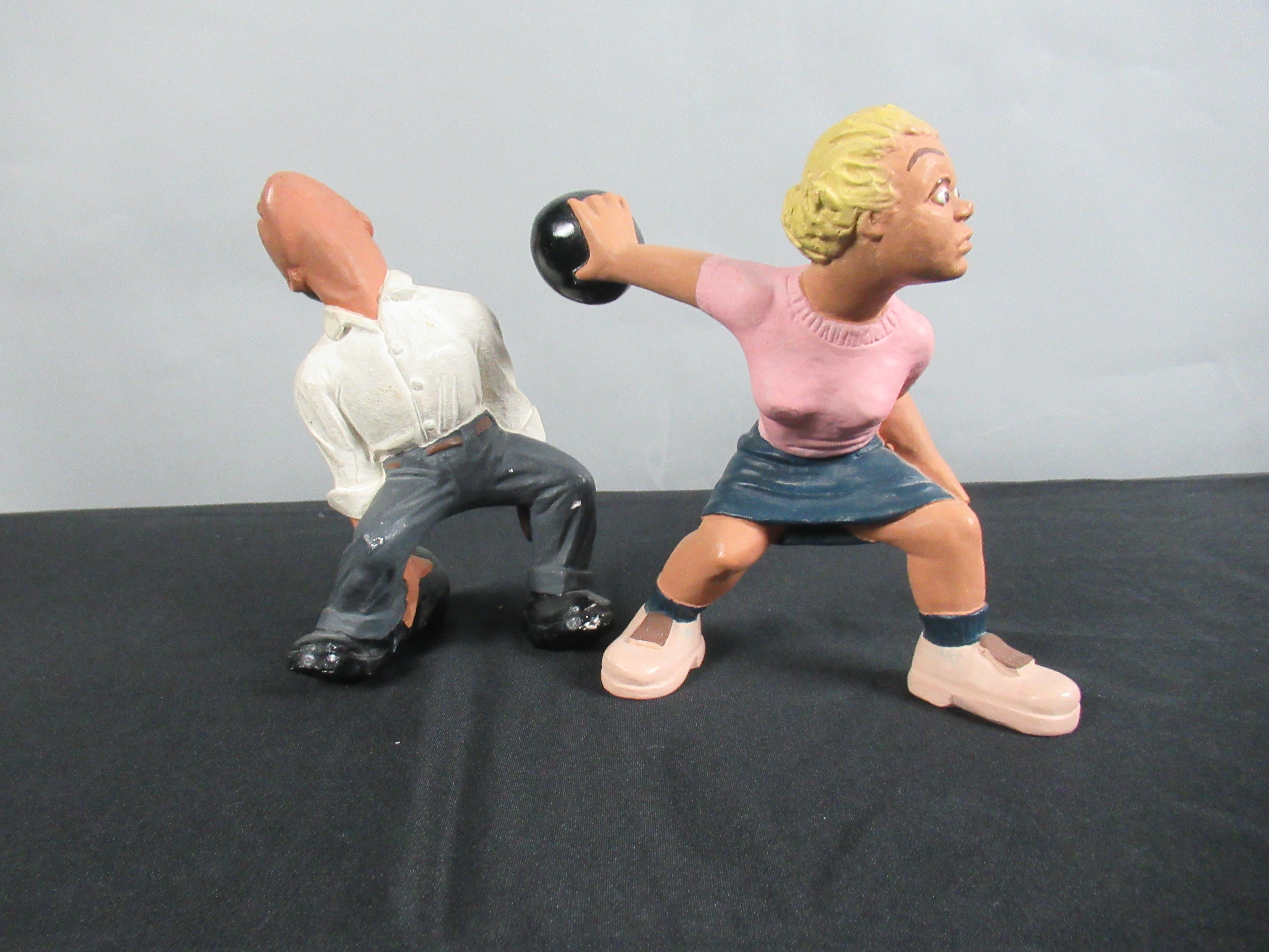 VINTAGE Bowling Figure Pair Set - L. L. Rittgers (c. 1940s) Collectible Sport Chalkware Statuettes